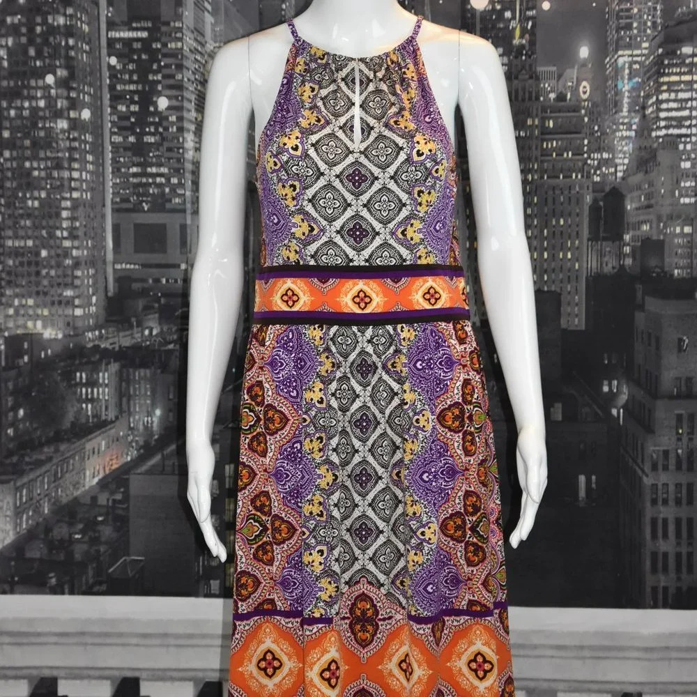 London Times sz 10 Multi Color Spaghetti Strap Knee Length Floral Print Dress